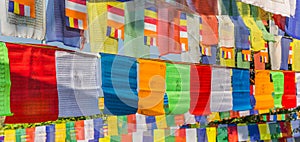 Panorama of traditional Nepalese darchor prayer flags at the Mayadevi temple in Lumbini