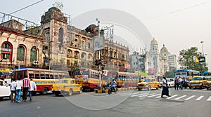 Panorama with traffic of taxi cars and different transport on oldcity road