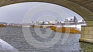 Panorama Trail and lake under the arched bridge in Daybreak