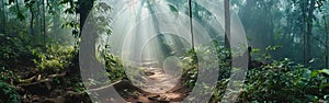 Panorama of a trail in a tropical rainforest with rays of light passing through. Banner.