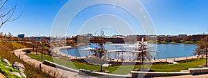 Panorama Trails around lake and fountain in the Heartland of America Park in Omaha Nebraska USA