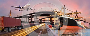 Panorama transport and logistic concept by truck boat plane photo