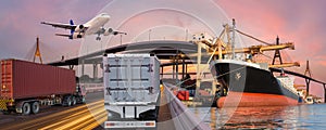 Panorama transport and logistic concept by truck boat plane photo