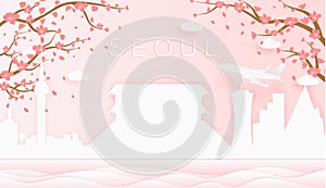 Panorama travel postcard, poster, tour advertising of world famous landmarks of Seoul, spring season with blooming flowers in tree