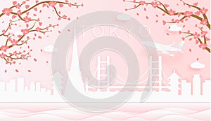 Panorama travel postcard, poster, tour advertising of world famous landmarks of Tokyo, spring season with blooming flowers in tree
