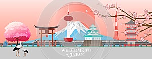 Panorama travel postcard, tour advertising of Japan. Vector illustration