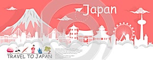 Panorama travel postcard, tour advertising world famous landmarks of Japan, paper cut style - Vector illustration