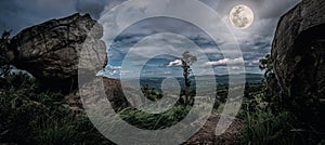 Panorama of tree and boulders against nighttime sky with cloudy.