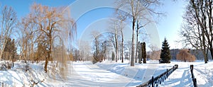 The panorama of trees and river covered with snow