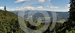 Panorama with Triglav mountain from the hillside of Crna Prst in Triglav national park in Slovenia photo