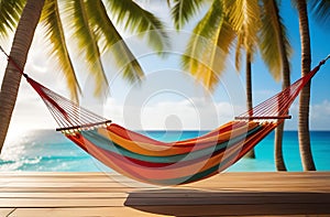 A panorama of a tropical beach in the form of a summer landscape with a beach swing or hammock, white sand and calm sea