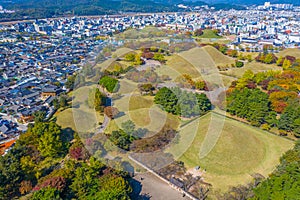 Panorama of Tumuli park and other royal tombs in the center of Korean town Gyeongju