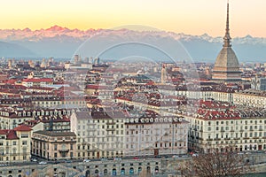 Panorama of turin with mole antonelliana at sunset