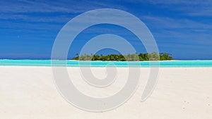 Panorama on turquoise sea at Aitutaki lagoon and desert island from white beach. Cook Islands, South Pacific Ocean