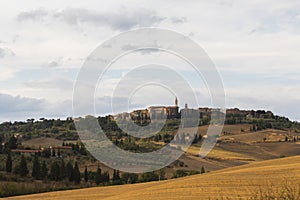 panorama of the Tuscan hills in summer at sunset