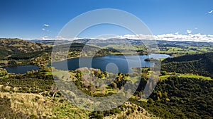 Panorama of Tutira Lake, Hawke`s Bay, New Zealand