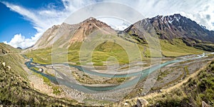 Panorama of twisting river Jil-Suu in Kirgizia