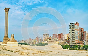 Panorama with two sphinxes, Alexandria, Egypt