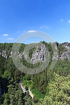 Panorama with typical rock formations at Bastei and Rathen Open Air Stage, Saxon Switzerland