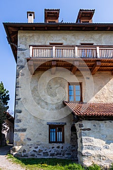 Panorama of Uhlenturm Tower of the old castle in Scena. Schenna, Province Bolzano, South Tyrol, Italy