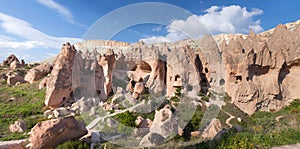 Panorama of unique geological formations in Zelve valley, Cappadocia, Central Anatolia, Turkey