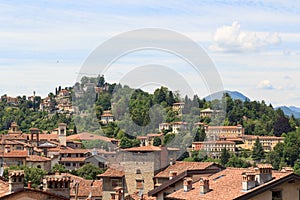 Panorama of upper city Citta Alta with hill San Vigilio in Bergamo