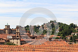 Panorama of upper city Citta Alta with hill San Vigilio in Bergamo