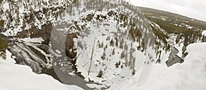 Panorama of Upper Falls on Yellowstone River in Yellowstone National Park in winter