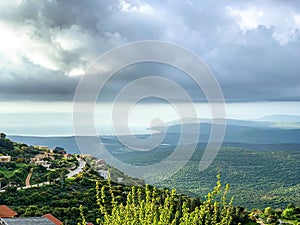 Panorama of the Upper Galilee from guesthouseboarding house or zimmer at the tops of the hills surrounding Lake Kinneret or the