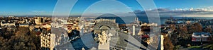 Panorama urbane landscape with roof the national opera and ballet theatre and sea port in Odessa Ukraine. Drone footage and sunny photo