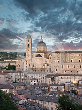 Panorama in Urbino city from Italy at sunset, city and World Heritage Site in the Marche region of Italy