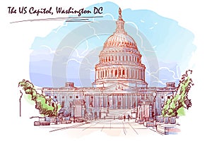 Panorama of the US Capitol. Painted Sketch on white background. EPS10 vector illustration.