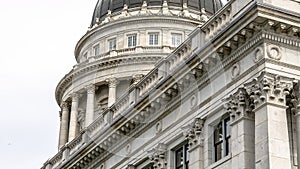 Panorama Utah State Capital building exterior with classical architecture and dome