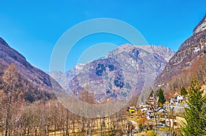 Panorama of Valle Verzasca with houses of Frasco, Switzerland