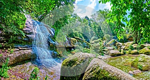 Panorama of the Valley of the Giants with Great Falls waterfall, Sofiyivka Park, Uman, Ukraine