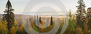 Panorama of a valley in the Sawtooth Mountains of Minnesota at sunrise on an autumn morning