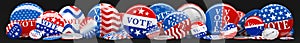 Panorama of various American red, white, and blue Vote pin. Collection of voting buttons for US presidential election or local