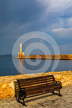 Panorama of venetian harbour waterfront and lighthouse in old harbour of Chania, Crete, Greece. Old venetian lighthouse in Chania