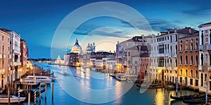 Panorama of Venice at night, Italy. Beautiful cityscape of Venice in evening. Panoramic view of Grand Canal at dusk. It is one of