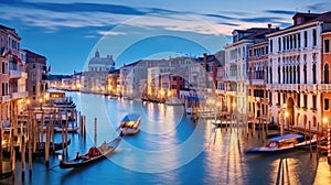 Panorama of Venice at night, Italy. Beautiful cityscape of Venice in evening. Panoramic view of Grand Canal at dusk. It is one of