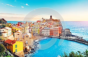 Panorama of Vernazza, national park Cinque Terre, Liguria, Italy, Europe. Colorful villages