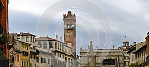 Panorama of Verona, Palazzo Maffei and Gardello tower in background at Piazza delle Erbe