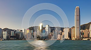 Panorama of Victoria Harbor of Hong Kong city