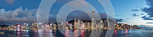 Panorama of Victoria harbor of Hong Kong city at dusk