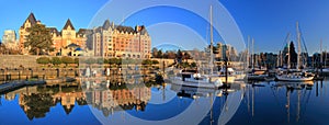 Panorama of Victoria Inner Harbor with Reflection of Empress Hotel in Evening Light, Vancouver Island, British Columbia