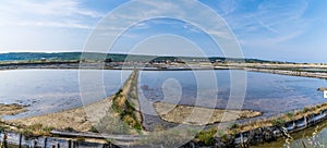 A panorama view across active crystallisation pools at the salt pans at Secovlje, near to Piran, Slovenia