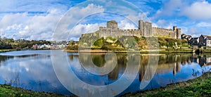 A panorama view across the River Cleddau and the Norman castle at Pembroke, Wales