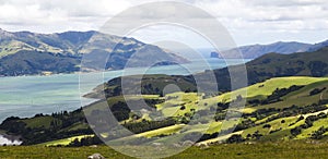 Panorama view of Akaroa close to Christchurch, New Zealand