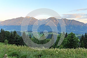 Panorama view with alpine mountains and blue sky in Salzburgerland, Austria