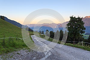 Panorama view with alpine mountains and blue sky in Salzburgerland, Austria